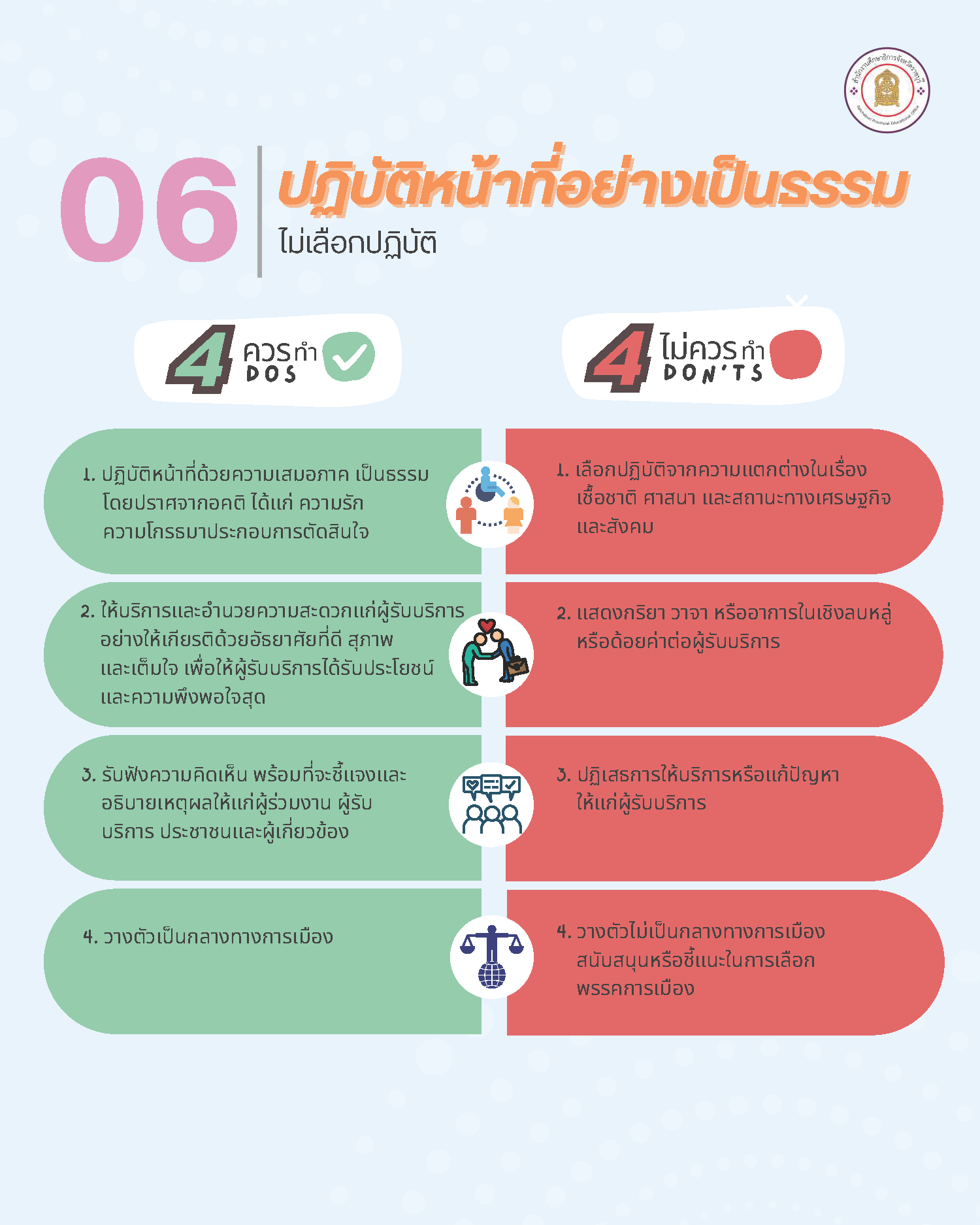 6. ปฏิบัติหน้าที่อย่างเป็นธรรมไม่เลือกปฏิบัติ